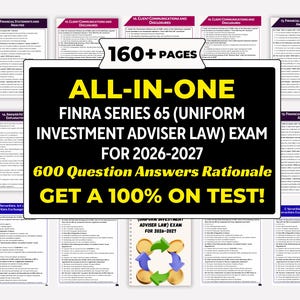 Puede incluir: Una guía de estudio para el examen FINRA Serie 65 (Uniform Investment Adviser Law) para 2026-2027. La guía incluye 600 respuestas a preguntas y razonamiento, con más de 160 páginas. El texto en la guía dice "¡OBTENGA UN 100% EN EL EXAMEN!"