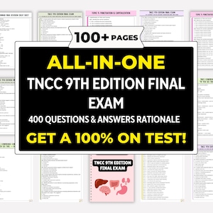 Op de afbeelding: Studiehulpmiddelen voor het TNCC 9th Edition Final Exam. De afbeelding toont een zwart rechthoek met witte tekst: "ALL-IN-ONE TNCC 9TH EDITION FINAL EXAM" en "GET A 100% ON TEST!". Meerdere pagina's zijn zichtbaar.