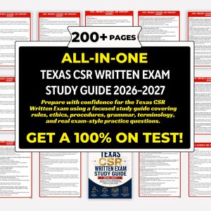 Könnte beinhalten: Ein digitaler Studienführer für die Texas CSR-Prüfung 2026-2027 mit einem schwarzen Mittelbanner und gelbem Text, der 200+ PAGES, ALL-IN-ONE und GET A 100% ON TEST! anzeigt, umgeben von mehreren Seiten mit Prüfungsfragen und Lerninhalten.