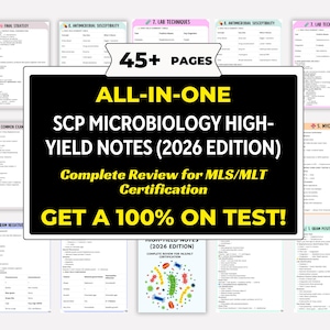 Może przedstawiać: Notatki do nauki mikrobiologii, zatytułowane "SCP Microbiology High-Yield Notes (wydanie 2026)". Notatki są przeznaczone do certyfikacji MLS/MLT i zawierają ponad 45 stron treści. Tekst obiecuje pełny przegląd i 100% sukcesu na testach.