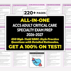 Könnte beinhalten: Lernmaterialien für die ACCS Adult Critical Care Specialty Exam Prep 2026-2027. Das zentrale schwarze Rechteck zeigt den Text "ALL-IN-ONE" und "220+ PAGES". Enthält 450 Übungsfragen mit detaillierten Begründungen.