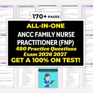May include: A collection of study materials for the ANCC Family Nurse Practitioner (FNP) exam. The image features a central black rectangle with white and yellow text, including "ALL-IN-ONE" and "480 Practice Questions." Surrounding pages display exam questions.