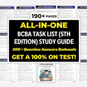 May include: A study guide for the BCBA Task List (5th Edition) is displayed. The black and yellow text reads "ALL-IN-ONE BCBA TASK LIST (5TH EDITION) STUDY GUIDE" with "190+ PAGES" at the top. The guide includes 300+ question answers and rationale.