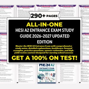 May include: A digital study guide for the HESI A2 Entrance Exam 2026-2027, featuring 290+ pages of nursing school preparation material, including practice questions, answer rationales, and healthcare-focused content displayed on multiple document pages.