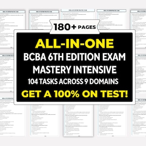 以下が含まれることがあります： 「BCBA 6TH EDITION EXAM MASTERY INTENSIVE」と「GET A 100% ON TEST!」のテキストが書かれた練習問題のページ。画像には「180+ PAGES」と「104 TASKS ACROSS 9 DOMAINS」のテキストが含まれています。