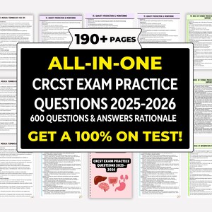 Könnte beinhalten: Eine schwarz-weiße Grafik mit dem Text "ALL-IN-ONE CRCST EXAM PRACTICE QUESTIONS 2025-2026" und "600 QUESTIONS & ANSWERS RATIONALE". Die Grafik enthält auch den Text "GET A 100% ON TEST!" und "190+ PAGES".