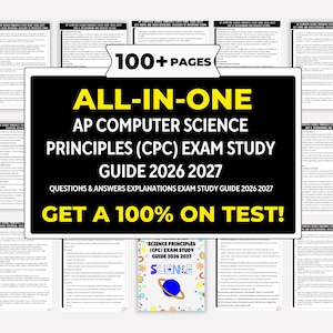 Puede incluir: Una guía de estudio para el examen AP Computer Science Principles (CPC) 2026-2027. La portada en blanco y negro dice "ALL-IN-ONE" y "GET A 100% ON TEST!". La guía incluye más de 100 páginas de preguntas, respuestas y explicaciones.