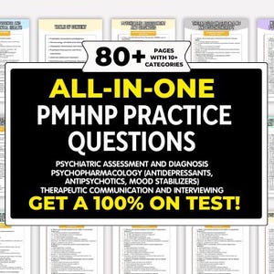 Puede incluir: Un conjunto de guías de estudio con el texto "ALL-IN-ONE PMHNP PRACTICE QUESTIONS" en blanco sobre un fondo negro. El texto también incluye "PSYCHIATRIC ASSESSMENT AND DIAGNOSIS" y "GET A 100% ON TEST!"