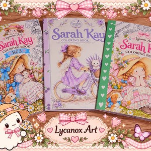 Puede incluir: Tres libros para colorear de Sarah Kay de Lycanox Art con portadas ilustradas que muestran personajes jóvenes, flores y animales. Los libros tienen lomos coloridos con patrones de corazones y están enmarcados por un borde decorativo.