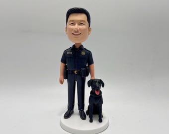 Custom Police Bobblehead with Dog: Handmade Polymer Clay Law Enforcement Gift