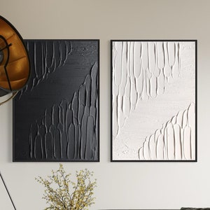 JUNO Set of 2 Black White Diptych Wall Art Modern Textured Art, Plaster Art, Minimalist Original Artwork, Abstract Relief Canvas Painting