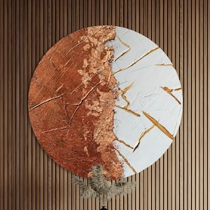 VESTA Copper Wall Art Beige Circle Modern Textured Art Plaster Art 3D Minimalist Original Artwork Abstract Canvas Round Painting Relief Art