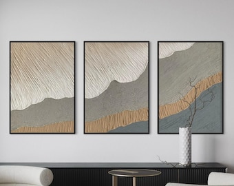 WAVES Set of 3 Beige Grey Wall Art Modern Textured Art Plaster Art 3 piece 3D art Minimalist Original Artwork, Wabi Sabi Canvas Painting