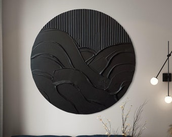 KERES BLACK Wall Art Circle Modern Textured Art Plaster Art 3D Minimalist Original Artwork Abstract Canvas Large Round Painting Wall Decor