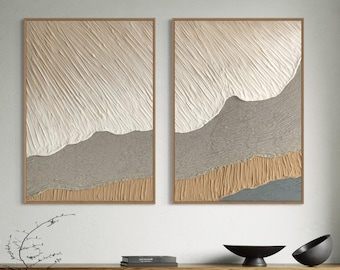 WAVES Set of 2 Beige Grey Wall Art Modern Textured Art, Plaster Art, Minimalist Original Artwork, Abstract Canvas Painting, Neutral Design