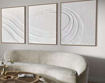 TRITON Set of 3 White Wall Art Modern Textured Art, Plaster Art, Minimalist Original Artwork, Abstract Canvas Painting, Neutral Design