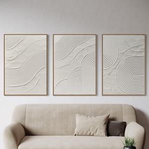ERIS Set of 3 White Wall Art Modern Textured Art Plaster Art Minimalist Original Artwork Abstract Large 3D Canvas Painting Neutral Design