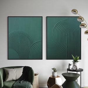 ZEN ARCH Set of 2 Emerald Green Wall Art Modern Textured Art Plaster Art Minimalist Original Artwork Abstract Canvas Painting Neutral Design