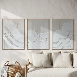 KERES Set of 3 White Wall Art Modern Textured Art Plaster Art Minimalist Original Artwork Abstract 3D Canvas Painting Neutral Large Relief