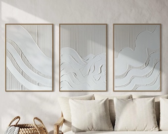 KERES Set of 3 White Wall Art Modern Textured Art Plaster Art Minimalist Original Artwork Abstract 3D Canvas Painting Neutral Large Relief