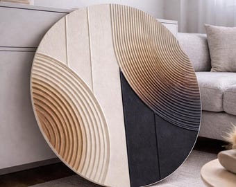 EMBER Black Beige Wall Art Circle Modern Textured Plaster 3D Minimalist Original Abstract Canvas Large Round Painting Wall Decor Japandi