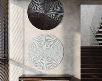 NOVA White BLACK set of 2 diptych Wall Art Circle Modern Textured Art Plaster 3D Minimalist Abstract Canvas Large Round Painting Wall Decor
