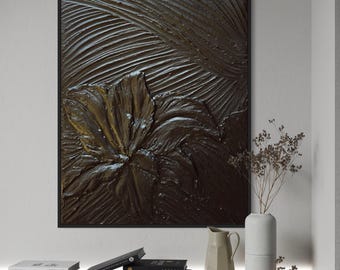LILY II Czarna sztuka ścienna Nowoczesna sztuka teksturowana Sztuka gipsowa Minimalistyczna oryginalna grafika Botaniczna abstrakcja Duży obraz na płótnie 3D Sztuka Wabi Sabi