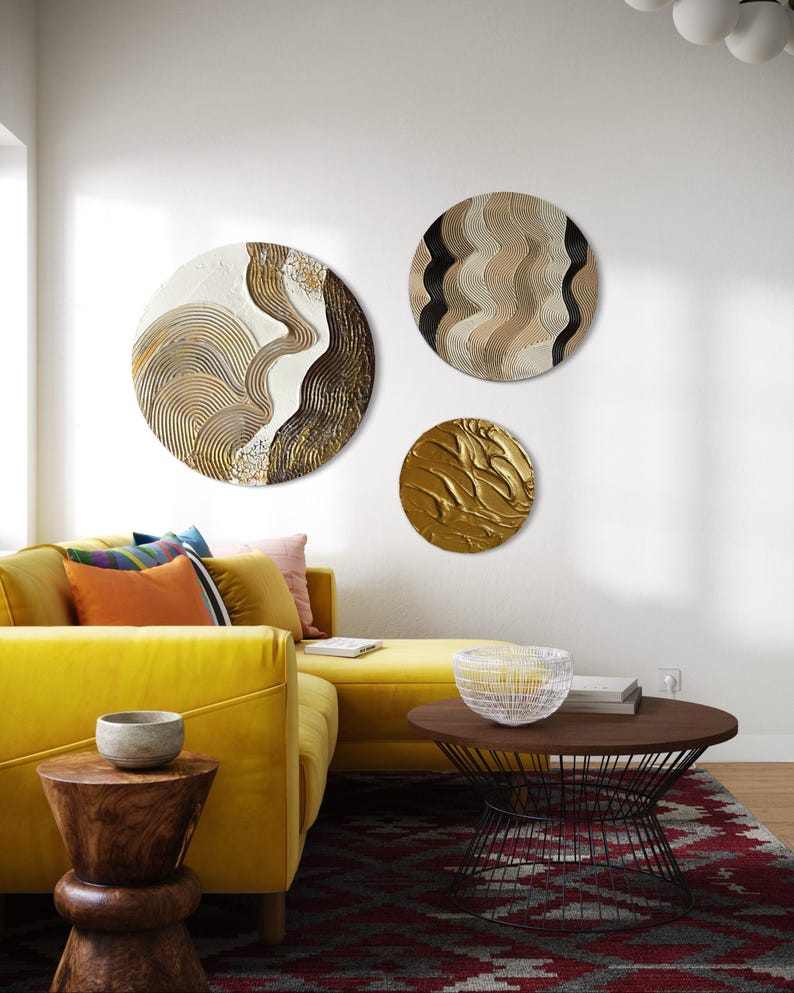 TRIO BEIGE GOLD Wall Art Set of 3 Circle Triptych Modern Textured Art ...
