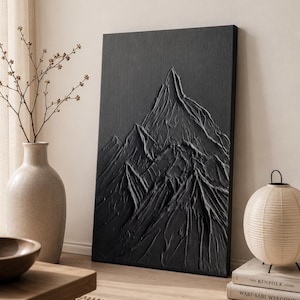 MONTAGNE NERE Arte da parete Arte moderna con texture Arte in gesso Minimalista Opera d'arte originale Pittura astratta 3D su tela Incorniciata Arte Wabi Sabi