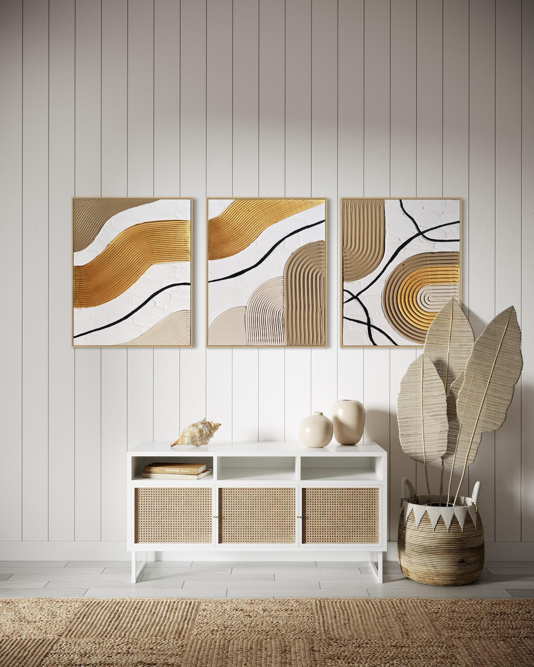 ERIS Set of 3 Beige Gold Wall Art Modern Textured Art Plaster Art 3 ...