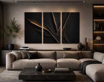LUMA Black Gold Triptych Art, Large Textured Wall Art, Sculptural Wall Decor, Modern Abstract Painting, Luxury Statement Artwork, Office Art