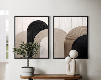 ZEN ARCH VI Set of 2 3D Textured Wall Art Black Beige Minimalist Painting on Canvas Wabi-Sabi Wall Art Living Room Painting Large Relief Art