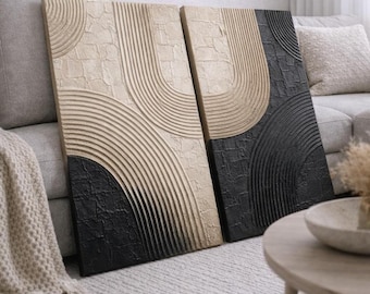 ARES Set of 2 3D Textured Wall Art Black Beige Minimalist Painting on Canvas Wabi-Sabi Wall Art Living Room Painting Large Relief Art