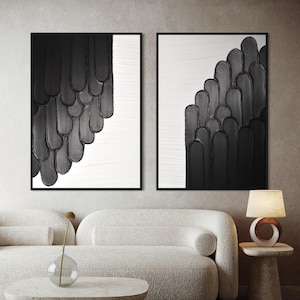 LAUMA Set of 2 3D Textured Wall Art White Black Minimalist Painting on Canvas Wabi-Sabi Wall Art Living Room Painting Large Relief Art