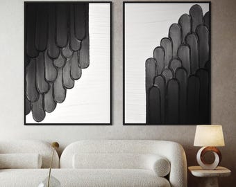 Zestaw 2 sztuk 3D teksturowanych obrazów ściennych LAUMA Biały czarny minimalistyczny obraz na płótnie Wabi-Sabi obraz ścienny do salonu Duży relief artystyczny