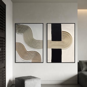 NUIT Set of 2 3D Textured Wall Art White Beige Minimalist Painting on Canvas Wabi-Sabi Wall Art Living Room Painting Large Relief Art