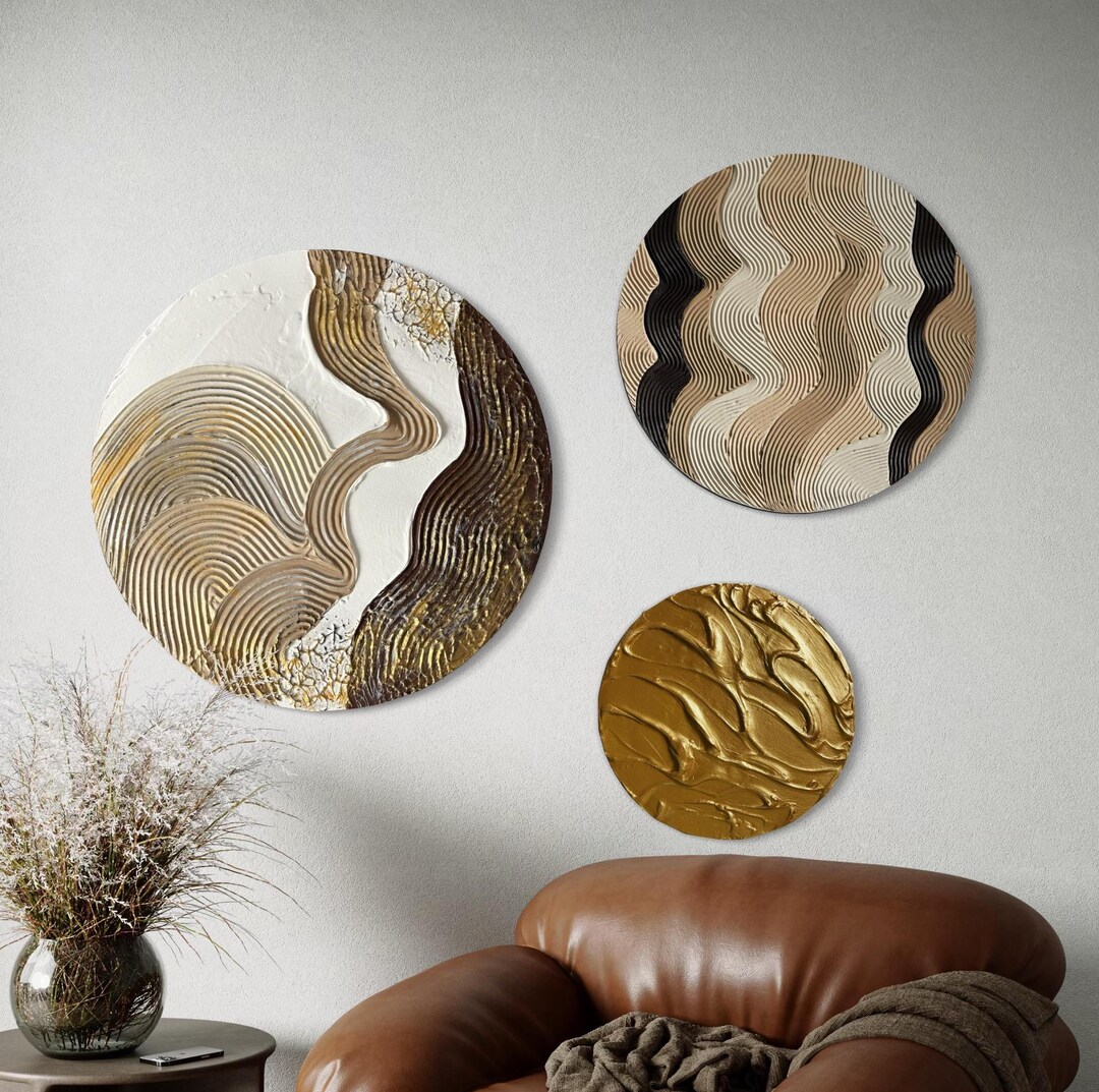 TRIO BEIGE GOLD Wall Art Set of 3 Circle Triptych Modern Textured Art ...