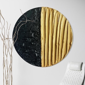 MYLA GOLD Black Wall Art Circle Modern Textured Art Plaster Art 3D Minimalist Original Artwork Abstract Canvas Large Round Mystic Wall Decor