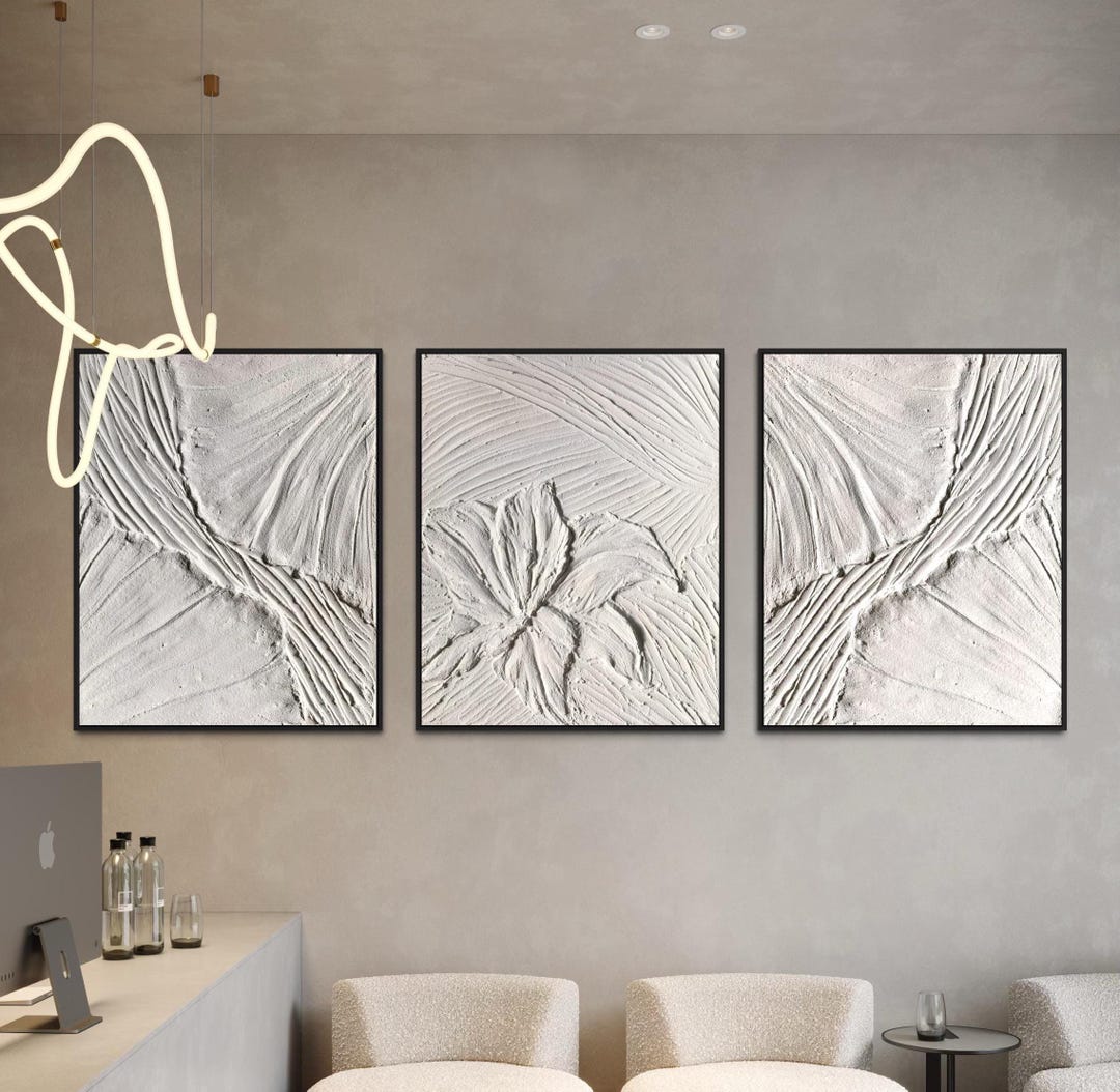LILY Set of 3 White Botanical Wall Art Modern Textured Art Triptych ...