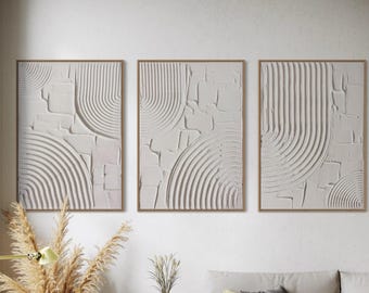 ARES II Set of 3 White Wall Art Modern Textured Art Plaster Art Minimalist Original Artwork Abstract Large 3D Canvas Painting Neutral Design