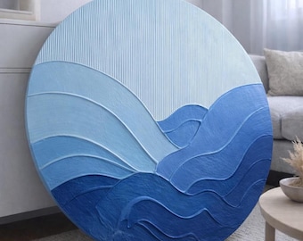 KERES BLUE Wall Circle Modern Textured Plaster Art 3D Minimalist Original Artwork Abstract Canvas Large Round Painting Wall Decor Japandi