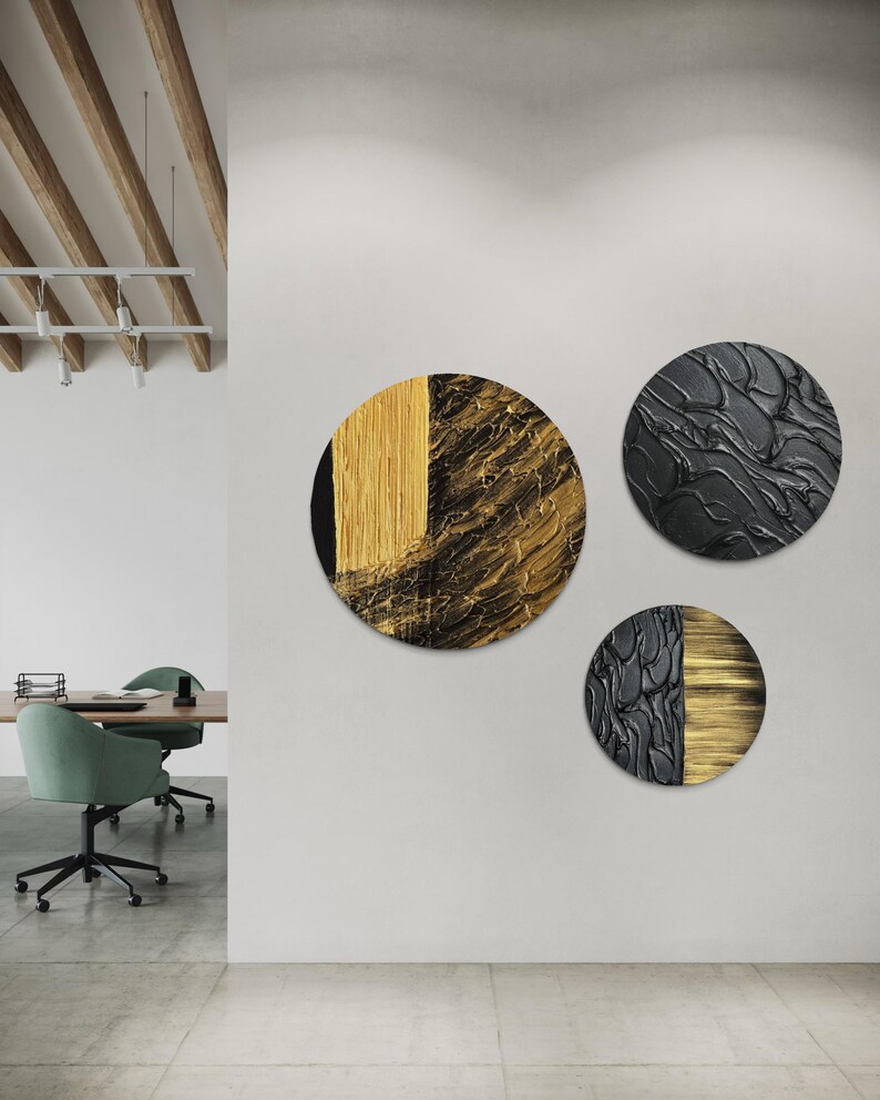 TRIO BLACK GOLD Wall Art Set of 3 Circle Triptych Modern Textured Art ...