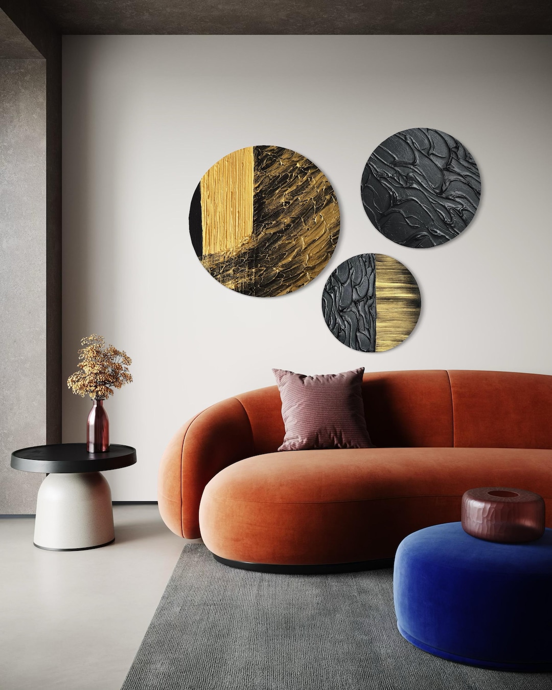 TRIO BLACK GOLD Wall Art Set of 3 Circle Triptych Modern Textured Art ...