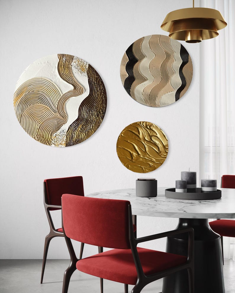 TRIO BEIGE GOLD Wall Art Set of 3 Circle Triptych Modern Textured Art ...