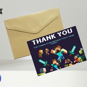 Tarjetas de agradecimiento personalizables de Minecraft, tarjetas de agradecimiento de cumpleaños para niños, tarjeta de agradecimiento de cumpleaños de Minecraft, cumpleaños de Minecraft