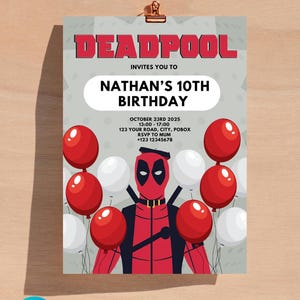 Customisable Deadpool Birthday Invitation Cards, Kids Birthday Invitation Cards, Superhero Birthday Card, Deadpool Birthday