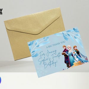 Cartão de agradecimento personalizável da Elsa Frozen, impressão de neve de inverno, cartão de agradecimento editável da Frozen, download do modelo Canva Frozen Thank You