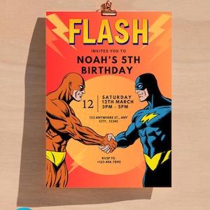 Faire-part de super-héros Flash modifiable numérique, invitation de fête d'anniversaire homme chauve-souris imprimable, anniversaire de super-héros, invitation de fête garçon chauve-souris, anniversaire de garçon