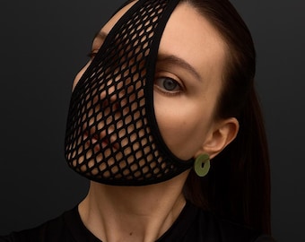 Czarna siatkowa maska rave – dodatek na festiwal Cyberpunk, futurystyczna maska na pół twarzy, strój DJ-ski na rave