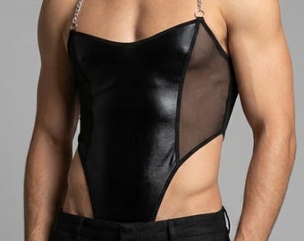 Men's Faux Leather Bodysuit with Chain Straps | Sheer Mesh Panel Leotard | Edgy Festival Rave Outfit | Black Clubwear Cutout One Piece